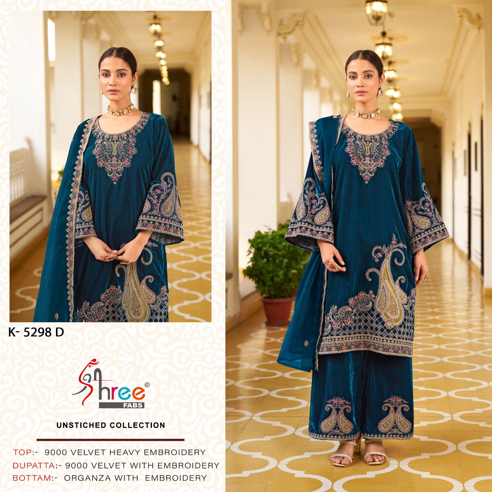 K 5298 By Shree Fabs Velvet Embroidery Pakistani Salwar Suits Wholesale Market In Surat